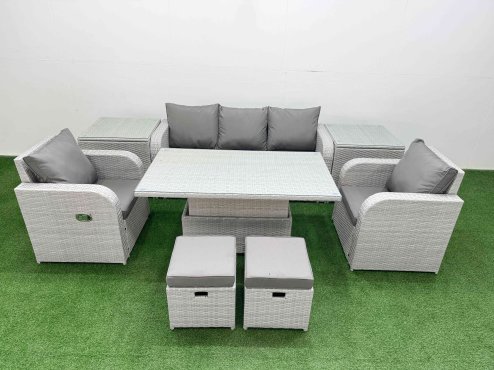 Fimous PE Rattan Garden Furniture Set Reclining Chair Sofa Lounge Sofa Set Adjustable Lifting Dining or Coffee Table 2 Side Table 2 Small Stools Light Grey