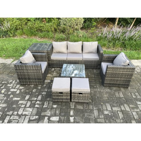 Fimous Wicker 7 Pieces Rattan Garden Furniture Sofa Set with Armchair Side Table Square Coffee Table 2 Small Footstools Dark Grey Mixed