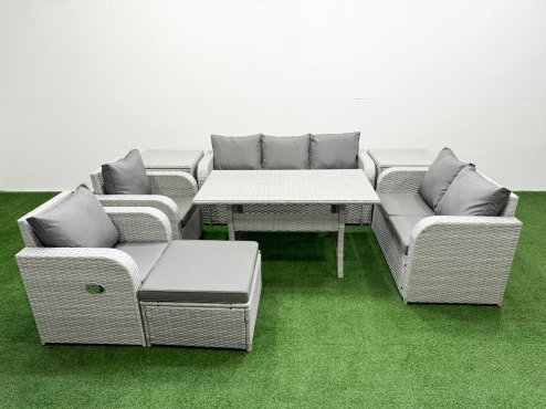 Fimous PE Rattan Garden Furniture Set Reclining Chair Sofa Double Love Seat 2 Seater Sofa Lounge Set Rectangular Dining Table Big Footstool 2 Side Table Light Grey