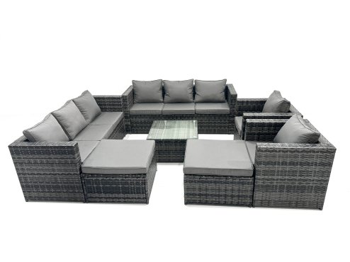 Fimous Outdoor Rattan Garden Furniture Set 10 Seater Patio Lounge Sofa Set with Armchair Square Coffee Table 2 Big Footstool Dark Grey Mixed