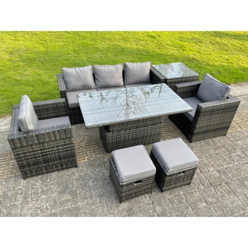 Fimous Rattan Garden Furniture Set Rising Adjustable Dining Table Lounge Sofa Set With Foostools Dark Grey Mixed Extra Side High Tall Coffee Tea Table