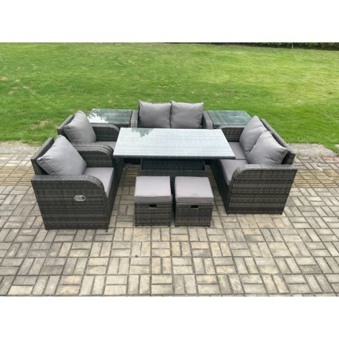 Fimous Wicker PE Rattan Furniture Garden Dining Set Outdoor Height Adjustable Rising lifting Table Love Sofa Chair With 2 Side Table Stools