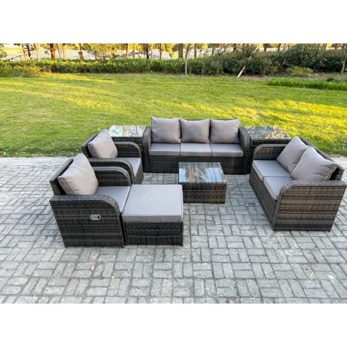 Fimous 8 Seater Garden Furniture Set Rattan Outdoor Lounge Sofa Chair With Tempered Glass Table 2 Side Tables Big Footstool Dark Grey Mixed