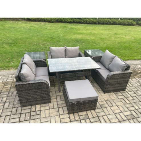 Fimous 7 Seater Outdoor Rattan Garden Furniture Set with Patio Rectangular Dining Table Love Sofa 2 Side Tables Big Footstool Dark Grey Mixed