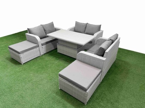 Fimous 8 Seater PE Wicker Rattan Furniture Sofa Sets with Adjustable Lifting Dining or Coffee Table 2 Seater Love Sofa 2 Big Footstool Light Grey