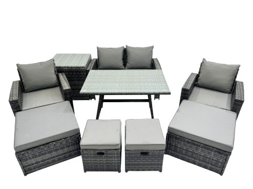 Fimous 8 Seater Wicker PE Rattan Furniture Outdoor Dining Table Double Seat Sofa Side Table 4 Stools Set Dark Grey Mixed