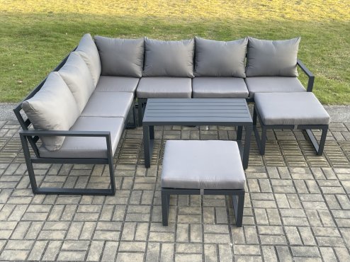 Fimous Aluminum 8 Seater Outdoor Lounge Corner Sofa Set Garden Furniture Sets with Oblong Coffee Table 2 Big Footstool Dark Grey