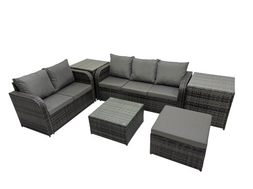 Fimous Wicker PE Rattan Garden Outdoor Furniture Set Love Sofa Square Coffee Table Set with Big Stool 2 Side Tables Dark Grey Mixed