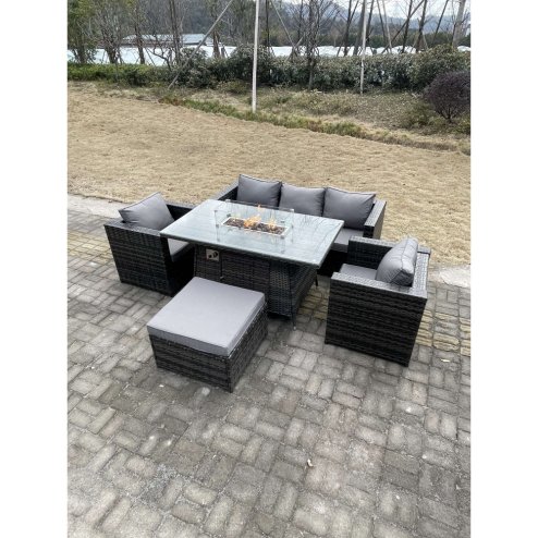 Fimous Outdoor PE Rattan Garden Furniture Gas Fire Pit Dining Table Armchairs With Big Footstool Dark Grey Mixed