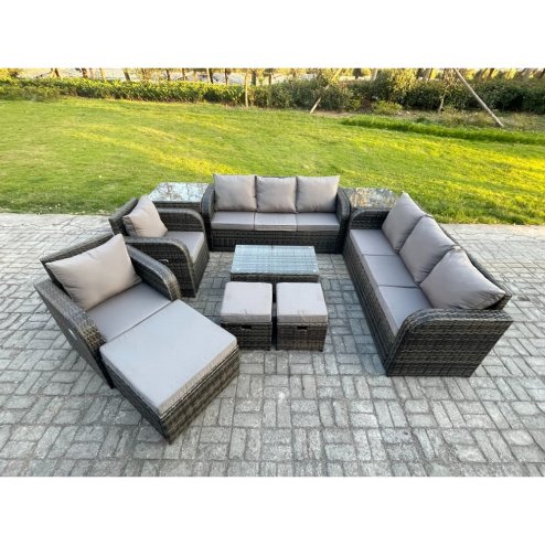Fimous Rattan Outdoor Garden Furniture Sofa Set Patio Table & Chairs Set with 3 Seater Sofa Reclining Chair 3 Footstools 3 Seater Sofa 2 Side Tables Dark Grey Mixed