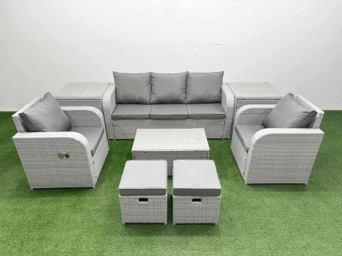 Fimous PE Rattan Garden Furniture Set Reclining Chair Sofa Lounge Sofa Set Oblong Coffee Table 2 Side Table 2 Small Stools Light Grey