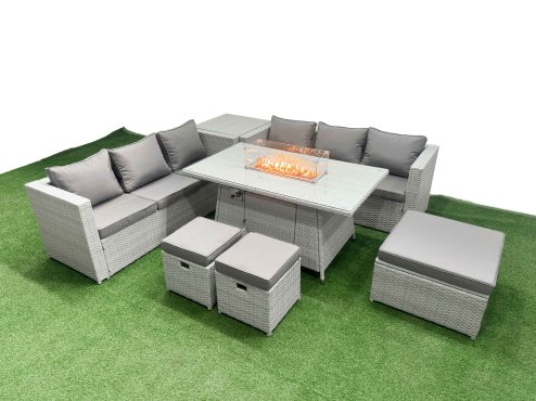 Fimous 9 Seat PE Rattan Lounge Sofa Set Outdoor Garden Furniture Set with Firepit Dining Table 3 Seater Sofa 3 Stools Side Table Light Grey