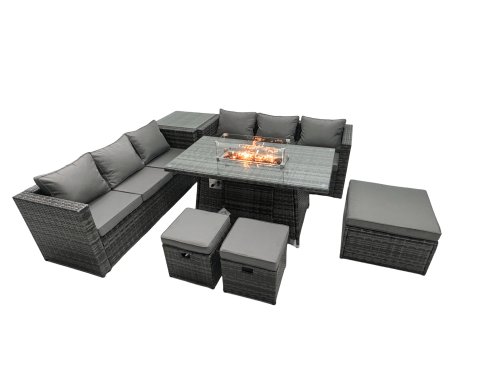 Fimous Rattan Garden Furniture Firepit Dining Set 9 Seater Lounge Sofa Table Set with Side Table 3 Footstool