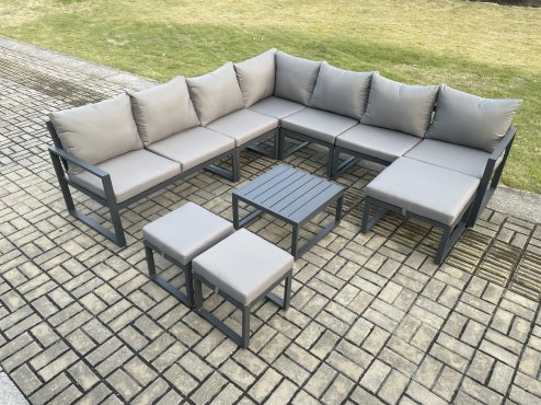 Fimous Aluminium Outdoor Garden Furniture Set Lounge Corner Sofa Square Coffee Table Sets with 3 Footstools Dark Grey