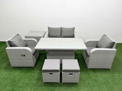 Fimous Light Grey PE Wicker Rattan Garden Furniture Set Sofa Set Reclining Chair Adjustable Lifting Dining or Coffee Table 6 Seater 2 Small Stools Side Table