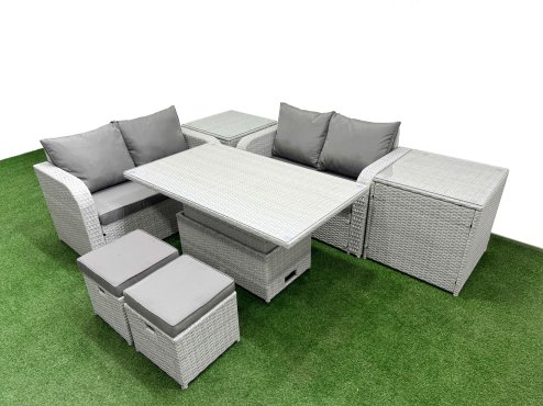 Fimous 6 Seater Outdoor Love Sofa Set Rattan Garden Furniture Set with Adjustable Lifting Dining or Coffee Table 2 Small Stools 2 Side Tables Light Grey