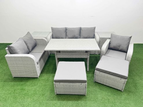 Fimous Patio PE Wicker 8 Seater Outdoor Rattan Furniture Sofa Sets with Rectangular Dining Table Reclining Chair Loveseat Sofa 3 Seater Sofa 2 Big Footstools 2 Side Table Light Grey