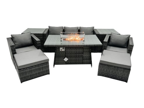 Fimous Rattan Garden Furniture Firepit Dining Set 7 Seater Lounge Sofa Table Set with 2 Side table 2 big Footstool