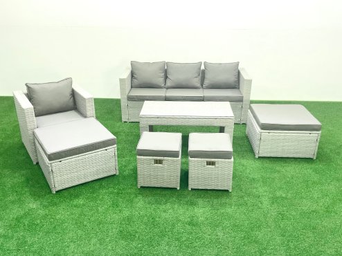 Fimous Rattan Garden Furniture Set Outdoor Lounger Sofa with Coffee Table 4 Footstools Light Grey Mixed