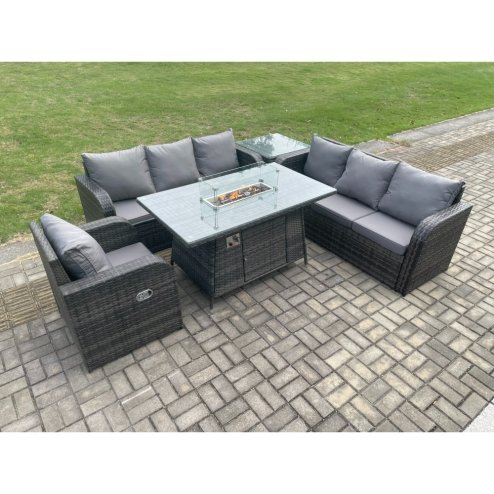 Fimous Rattan Outdoor Furniture Gas Fire Pit Rectangle Dining Table Gas Heater Reclining Chair 3 Seater Sofa Sets with Side Table 7 Seater