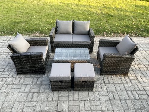 Fimous 6 Seater Outdoor Lounge Sofa Set Wicker PE Rattan Garden Furniture Set with Rectangular Coffee Table Double Seat Sofa 2 Small Footstools Dark Grey Mixed