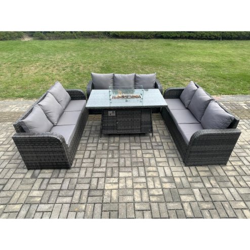 Fimous Rattan Garden Furniture Set with Fire Pit Table 4 Pieces Outdoor Lounge Sofa Set Dark Grey Mixed