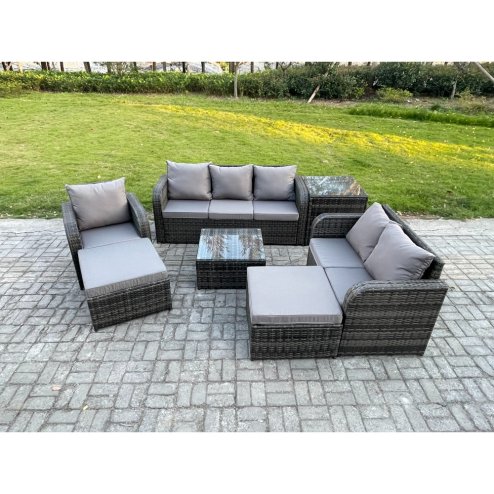 Fimous Indoor Outdoor Rattan Garden Furniture 8 Seater Set Table Sofa Chair Patio Conservatory with Grey Cushions Side Table 2 Big Footstool