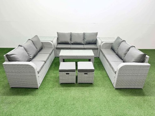 Fimous PE Rattan Lounge Sofa Set 11 Seater Outdoor Garden Furniture Set with Oblong Coffee Table 3 Seater Sofa 2 Stools 2 Side Table Light Grey