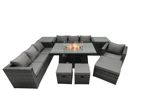 Fimous Rattan Garden Furniture Firepit Dining Set 10 Seater Lounge Sofa Table Set with 2 side table 3 Footstool