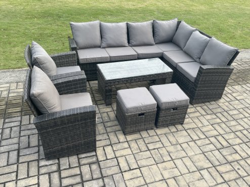 Fimous Rattan Corner Sofa Garden Furniture Set with 2 Small Footstools Rectangular Coffee Table 2 Armchairs with Cushion Dark Grey Mixed