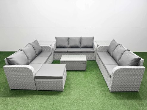 Fimous PE Rattan Lounge Sofa Set 10 Seater Outdoor Garden Furniture Set with Rectangular Coffee Table 3 Seater Sofa Big Footstool 2 Side Table Light Grey