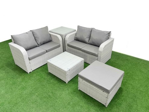 Fimous 5 Seater Outdoor Love Sofa Set Rattan Garden Furniture Set with Square Coffee Table Big Footstool Side Table Light Grey