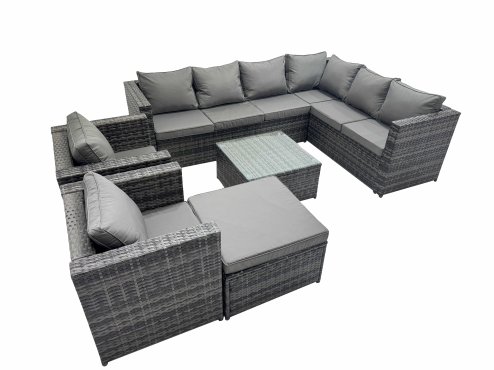 Fimous Outdoor PE Rattan Garden Furniture Sofa Set with Square Coffee Table Big Stool 2 Chair Dark Grey