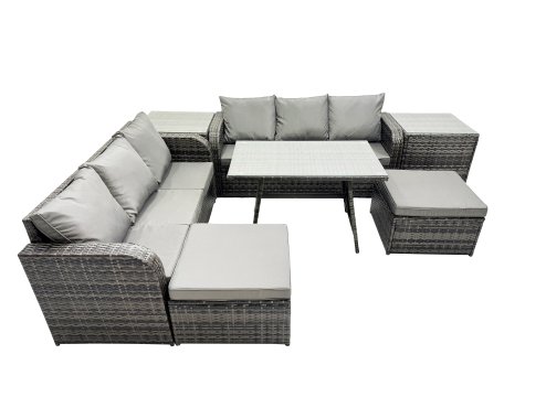 Fimous Garden Rattan Outdoor Furniture Set 8 Seater with 3 Seater Sofa 2 Side Table 2 Big Stools Dark Grey