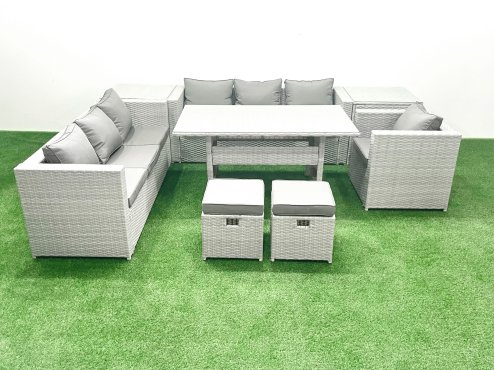 Fimous 8 Pieces Outdoor Rattan Sofa Set with Cushions Patio Garden Furniture Sets with Armchair Dining Table 2 Side Tables 2 Small Footstools