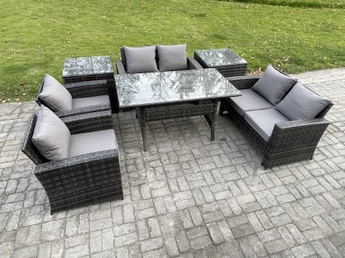 Fimous Rattan Garden Furniture Set Patio Outdoor Lounge Sofa Set with Oblong Dining Table Double Seat Sofa 2 Side Tables Dark Grey Mixed