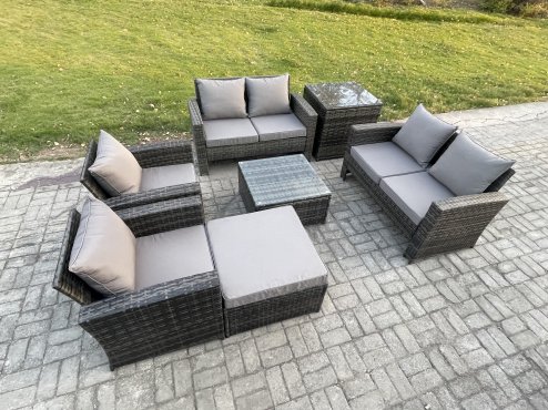 Fimous Rattan Garden Furniture Set 7 Seater Patio Outdoor Lounge Sofa Set with Square Coffee Table Double Seat Sofa Side Table Big Footstool Dark Grey Mixed