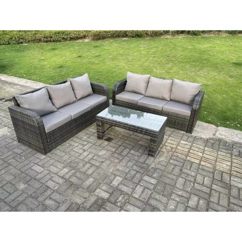 Fimous Dark Grey PE Wicker High Back Rattan Garden Furniture Set Lounge Sofa 3 Seater Sofa Set Outdoor Rectangular Coffee Table 6 Seater
