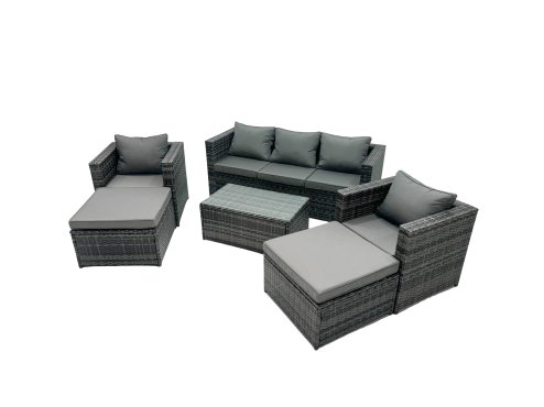 Fimous Rattan Garden Furniture Dining Set 7-seater Patio Coffee Table Sofa Set with 2 Armchair 2 Big Footstools Dark Grey Mixed