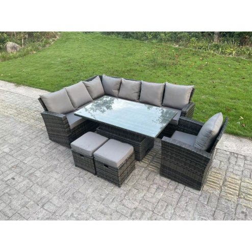 Fimous High Back Rattan Garden Furniture Corner Sofa Sets Adjustable Rising Table Dark Mixed Grey 9 seater left corner