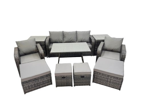 Fimous Garden Rattan Outdoor Furniture Set 9 Seater with 3 Seater Sofa 2 Side Table 2 Big Stool 2 Small Stools Dark Grey