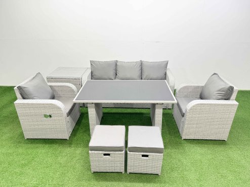 Fimous Outdoor Rattan Garden Furniture Dining Set 7-seater Patio Rectangular Table 3 Seater Sofa Reclining Chair Set with Side Table 2 Small Stools