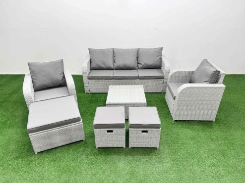 Fimous PE Rattan Garden Furniture Set Reclining Chair Sofa Lounge Sofa Set Square Coffee Table 3 Stools Light Grey