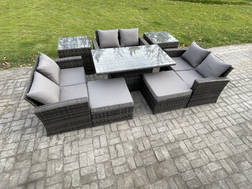 Fimous Wicker PE Rattan Garden Furniture Set Height Adjustable Rising Lifting Table Sofa Dining Set with Double Seat Sofa 2 Big Footstool 2 Side Tables Dark Grey Mixed