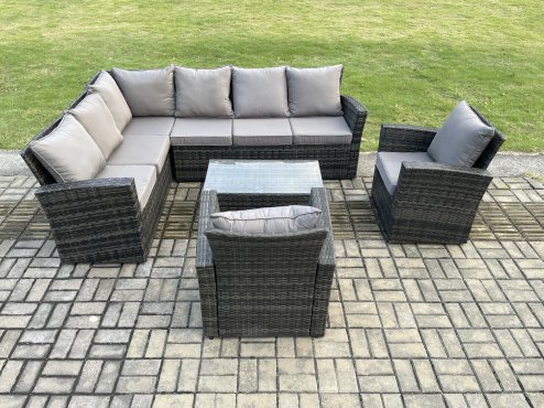 Fimous 8 Seater High Back Outdoor Garden Furniture Set Rattan Corner Sofa Set With Rectangular Coffee Table 2 Armchairs Dark Grey Mixed