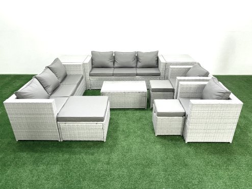 Fimous Outdoor Rattan Sofa Garden Furniture Set with 2 Armchairs Oblong Coffee Table 3 Footstools 2 Side Tables Light Grey Mixed