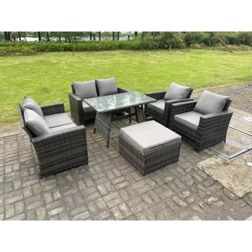 Fimous 7 Seater Outdoor Dark Grey Mixed High Back Rattan Sofa Dining Table Set Garden Furniture Love Sofa Arm Chair