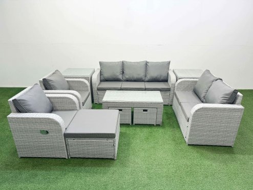 Fimous PE Rattan Garden Furniture Set Adjustable Chair Sofa Double Love Seat 2 Seater Sofa Lounge Set Rectangular Coffee Table 3 Stools 2 Side Table Light Grey