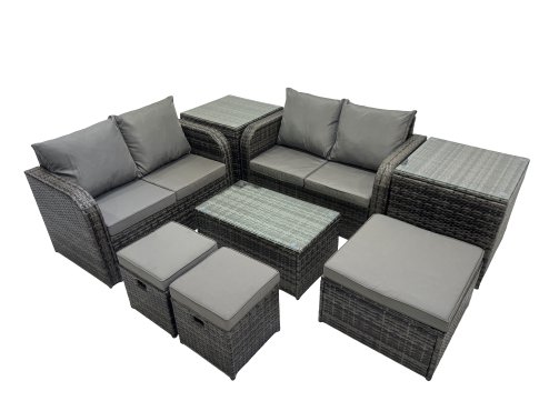 Fimous Outdoor Love Sofa Coffee Table Set Garden Rattan Furniture Set 7 Seater with 3 Stools 2 Side Tables Dark Grey