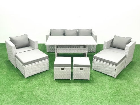 Fimous Rattan Garden Furniture Set Outdoor 9 Seater Patio Dining Sets with Glass Top Dining Table Light Grey Mixed